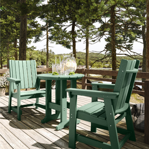 Green outdoor furniture set on a wooden deck with trees in the background