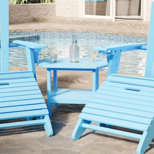 Blue patio furniture set with oval table by a poolside