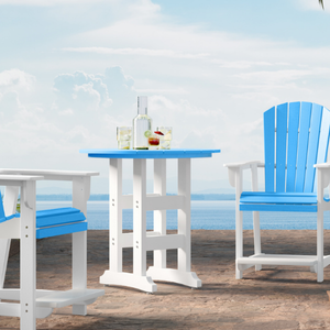 Outdoor furniture set with blue and white chairs and counter table on a wooden deck.