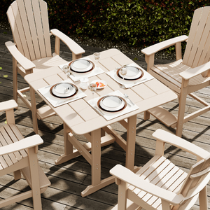 Wooden outdoor bar table with chairs on a wooden deck