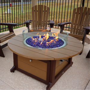  a circular brown firepit table