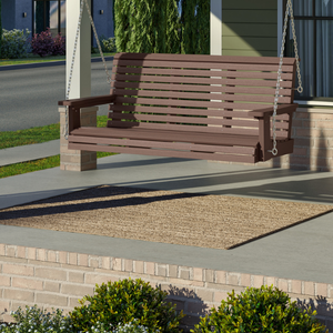 A Brown porch swing with a porch background