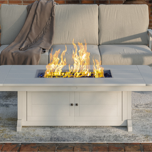 rectangular firepit table with a brick wall background