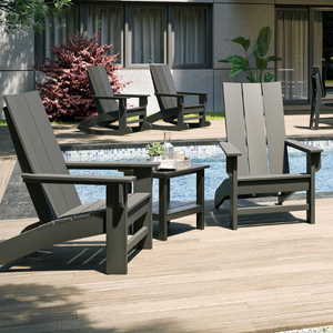 Outdoor furniture set with chairs and a table by a poolside.
