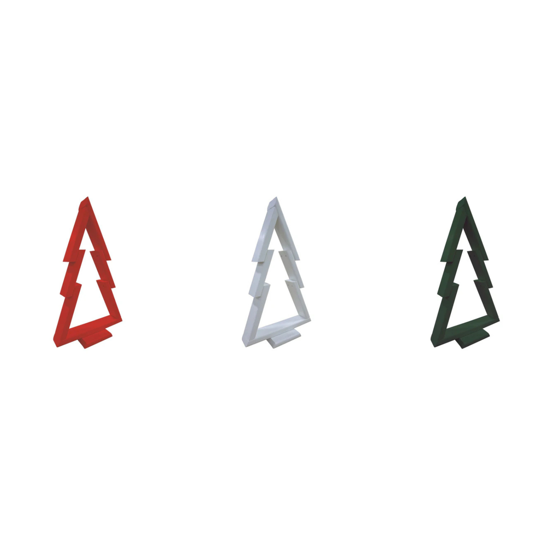 Three Christmas tree-shaped objects in red, white, and green on a white background
